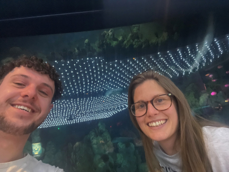 Marine Futures Interns Ed and Kiera eating dinner at The Deep aquarium in Hull