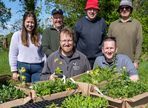 A group of people with trays of wildflower plug plants ready for planting